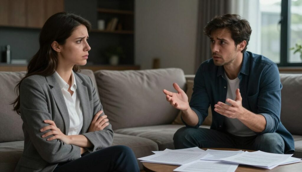 A tense scene depicting a couple in a living room during a heated discussion, with visible emotional turmoil on their faces. The foreground shows a woman in professional attire, arms crossed, looking frustrated, while the man, dressed in smart casual clothing, gestures with his hands, expressing disbelief. In the middle ground, a table is cluttered with scattered papers, symbolizing miscommunication. In the background, a dimly lit space with shadows, suggesting a stifling atmosphere, helps to emphasize the weight of unresolved issues. Soft, natural lighting from a nearby window creates a contrast between light and shadow, highlighting their expressions and body language. The mood is somber and conflicted, capturing the essence of recurring communication problems in relationships. A tense scene depicting a couple in a living room during a heated discussion, with visible emotional turmoil on their faces. The foreground shows a woman in professional attire, arms crossed, looking frustrated, while the man, dressed in smart casual clothing, gestures with his hands, expressing disbelief. In the middle ground, a table is cluttered with scattered papers, symbolizing miscommunication. In the background, a dimly lit space with shadows, suggesting a stifling atmosphere, helps to emphasize the weight of unresolved issues. Soft, natural lighting from a nearby window creates a contrast between light and shadow, highlighting their expressions and body language. The mood is somber and conflicted, capturing the essence of recurring communication problems in relationships.