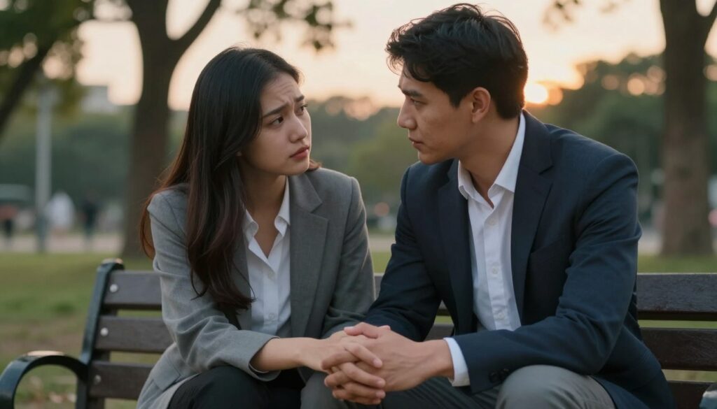A thoughtful couple sitting on a park bench, expression of vulnerability and connection on their faces. The foreground features their clasped hands, symbolizing intimacy, while the middle layer shows them leaning slightly towards each other, lost in conversation, conveying a sense of support and understanding. In the background, a softly blurred scene of trees and a sunset enhances the atmosphere, casting warm, gentle lighting that signifies hope and reflection. The couple is dressed in professional business attire, indicating the importance of their discussion. The overall mood is contemplative and emotional, evoking a sense of closeness intertwined with the undercurrents of fear and self-reflection that affect their bond. The camera angle is at eye level, creating an intimate perspective.