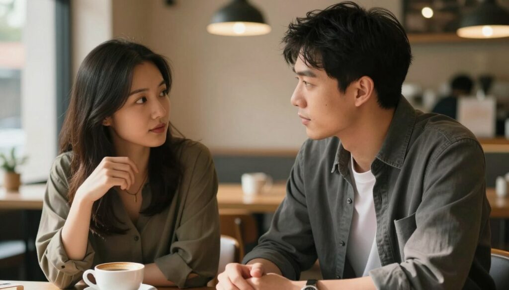 A thoughtful scene depicting a man and woman engaging in a deep conversation in a cozy café setting. The foreground features the man, dressed in a smart casual outfit, leaning slightly forward with an attentive expression, showing genuine interest. The woman, also in modest attire, looks reflective, holding a cup of coffee as she listens intently. In the middle background, soft-focus elements like a warm, inviting décor of the café, adding a sense of intimacy. The lighting is warm and natural, casting gentle shadows, suggesting a late afternoon ambiance. The scene conveys a mood of connection and increasing engagement, highlighting the subtle dynamics of their relationship through body language and facial expressions. The camera angle is slightly above eye level, to offer a soft perspective on their interaction.