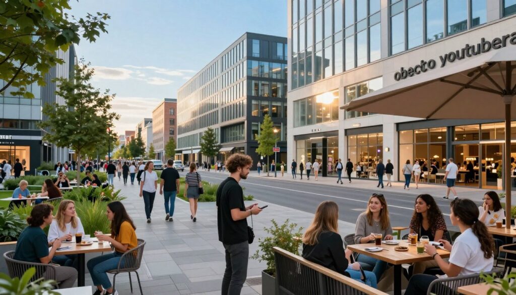 A vibrant, modern city atmosphere depicting "obecne miasto youtubera" with a blend of contemporary architecture and urban spaces. In the foreground, a well-dressed figure, representing a popular YouTuber, stands near a trendy café, interacting with fans. The middle ground features a bustling street with diverse groups of people, green parks, and stylish shops, showcasing the lively community. The background includes tall buildings with glass facades reflecting the afternoon sun, complemented by a clear blue sky. Soft, warm lighting enhances the welcoming mood of the scene, while a wide-angle lens perspective adds depth, capturing the essence of a thriving city life that embodies creativity and connection.