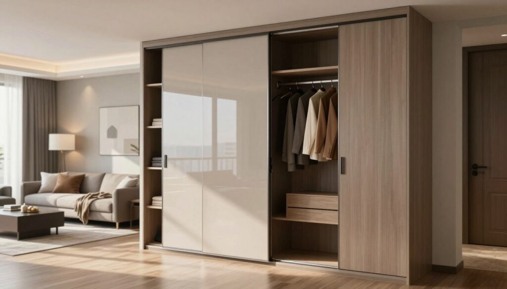 A visually appealing image depicting a modern sliding wardrobe in a stylish room setting, showcasing its features and details. In the foreground, a sleek, open sliding door reveals neatly organized shelving and clothing, emphasizing practicality and elegance. The middle ground presents a well-designed living space, featuring soft lighting to create a warm atmosphere, with subtle reflections on the wardrobe's polished surface. In the background, a tastefully decorated wall highlights complementary colors and textures, enhancing the wardrobe's visual appeal. The scene captures an inviting and contemporary aesthetic, ideal for illustrating the costs associated with sliding wardrobe installation services. Soft shadows and natural light streaming through a window add depth and realism to the composition. A visually appealing image depicting a modern sliding wardrobe in a stylish room setting, showcasing its features and details. In the foreground, a sleek, open sliding door reveals neatly organized shelving and clothing, emphasizing practicality and elegance. The middle ground presents a well-designed living space, featuring soft lighting to create a warm atmosphere, with subtle reflections on the wardrobe's polished surface. In the background, a tastefully decorated wall highlights complementary colors and textures, enhancing the wardrobe's visual appeal. The scene captures an inviting and contemporary aesthetic, ideal for illustrating the costs associated with sliding wardrobe installation services. Soft shadows and natural light streaming through a window add depth and realism to the composition.