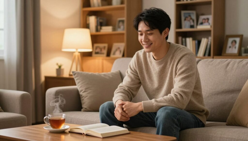 A warm and inviting scene depicting a man in his 30s, sitting on a comfortable couch in a cozy living room. He has a gentle smile, conveying a sense of happiness and belonging, dressed in a casual yet presentable outfit, such as a soft sweater and jeans. In the foreground, there’s a neatly arranged coffee table with a book and a steaming cup of tea, symbolizing comfort and relaxation. The middle ground features a soft-lit lamp casting a warm glow, emphasizing the intimate atmosphere. In the background, a bookshelf filled with personal items and cherished memories, along with family photos, accentuates a feeling of love and acceptance. The overall mood of the image evokes warmth, serenity, and emotional security, reflecting the deep connection he feels in his relationship. A warm and inviting scene depicting a man in his 30s, sitting on a comfortable couch in a cozy living room. He has a gentle smile, conveying a sense of happiness and belonging, dressed in a casual yet presentable outfit, such as a soft sweater and jeans. In the foreground, there’s a neatly arranged coffee table with a book and a steaming cup of tea, symbolizing comfort and relaxation. The middle ground features a soft-lit lamp casting a warm glow, emphasizing the intimate atmosphere. In the background, a bookshelf filled with personal items and cherished memories, along with family photos, accentuates a feeling of love and acceptance. The overall mood of the image evokes warmth, serenity, and emotional security, reflecting the deep connection he feels in his relationship.