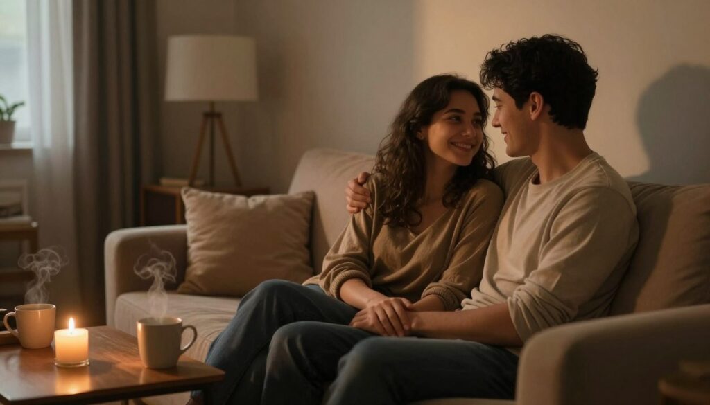 A warm and inviting scene depicting emotional closeness and intimacy between two people in a cozy, softly-lit living room. In the foreground, a couple sits close together on a plush sofa, their expressions reflecting deep connection and understanding. They are dressed in comfortable, modest casual clothing, smiling and looking into each other's eyes. In the middle ground, a small coffee table with two steaming mugs and a lit candle creates a cozy atmosphere. The background features soft, diffused lighting from a nearby window, casting gentle shadows that enhance the mood of warmth and tenderness. The overall color palette includes warm earth tones, promoting feelings of love and safety, while the composition evokes a sense of peaceful intimacy. A warm and inviting scene depicting emotional closeness and intimacy between two people in a cozy, softly-lit living room. In the foreground, a couple sits close together on a plush sofa, their expressions reflecting deep connection and understanding. They are dressed in comfortable, modest casual clothing, smiling and looking into each other's eyes. In the middle ground, a small coffee table with two steaming mugs and a lit candle creates a cozy atmosphere. The background features soft, diffused lighting from a nearby window, casting gentle shadows that enhance the mood of warmth and tenderness. The overall color palette includes warm earth tones, promoting feelings of love and safety, while the composition evokes a sense of peaceful intimacy.