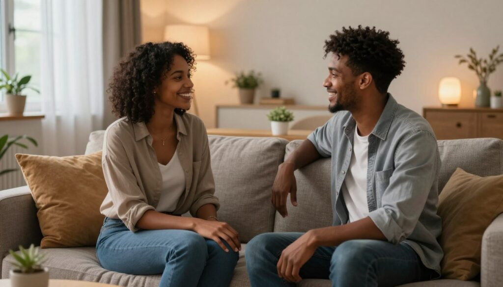 A warm and inviting scene depicting mutual respect and acceptance in a relationship. In the foreground, a diverse couple sits together on a comfortable couch, engaged in a heartfelt conversation, both smiling and displaying positive body language, dressed in smart casual attire. The middle layer features a cozy, well-decorated living room with soft cushions, a small coffee table holding a plant, and warm-colored ambient lighting creating an intimate atmosphere. In the background, a large window with sheer curtains allows natural light to filter in, enhancing the sense of openness and equality. The overall mood is harmonious and supportive, emphasizing the foundations of a lasting and happy relationship. A warm and inviting scene depicting mutual respect and acceptance in a relationship. In the foreground, a diverse couple sits together on a comfortable couch, engaged in a heartfelt conversation, both smiling and displaying positive body language, dressed in smart casual attire. The middle layer features a cozy, well-decorated living room with soft cushions, a small coffee table holding a plant, and warm-colored ambient lighting creating an intimate atmosphere. In the background, a large window with sheer curtains allows natural light to filter in, enhancing the sense of openness and equality. The overall mood is harmonious and supportive, emphasizing the foundations of a lasting and happy relationship.