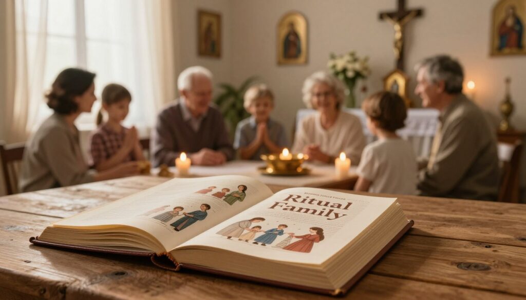 A warm, inviting scene inside a cozy Catholic home, featuring an open book titled "Ritual Family" by Bishop Józef Wysocki, resting on a rustic wooden table. The foreground shows the book’s pages embellished with illustrations depicting family prayers and religious traditions. Soft golden light filters through sheer curtains, casting a gentle glow that enhances the tranquil atmosphere. In the middle ground, a family can be seen gathered around, dressed in modest casual clothing, engaging in a ritual together—lighting candles, sharing stories, and smiling warmly at one another. The background includes a small altar adorned with religious icons, flowers, and a crucifix, creating a sense of spirituality and connection. The overall mood is harmonious and nurturing, emphasizing the importance of faith in familial bonds. A warm, inviting scene inside a cozy Catholic home, featuring an open book titled "Ritual Family" by Bishop Józef Wysocki, resting on a rustic wooden table. The foreground shows the book’s pages embellished with illustrations depicting family prayers and religious traditions. Soft golden light filters through sheer curtains, casting a gentle glow that enhances the tranquil atmosphere. In the middle ground, a family can be seen gathered around, dressed in modest casual clothing, engaging in a ritual together—lighting candles, sharing stories, and smiling warmly at one another. The background includes a small altar adorned with religious icons, flowers, and a crucifix, creating a sense of spirituality and connection. The overall mood is harmonious and nurturing, emphasizing the importance of faith in familial bonds.