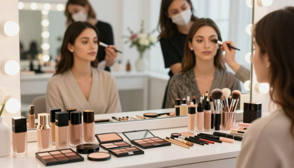 A well-organized makeup workspace showcasing professional cosmetics and techniques for special events. In the foreground, a beautifully arranged set of high-end makeup products, including foundation, eyeshadow palettes, brushes, and lipsticks, all meticulously placed on a clean vanity. The middle layer features a professional makeup artist applying makeup to a client, both dressed in elegant yet modest attire, under soft, natural lighting that creates a warm and inviting atmosphere. The background reveals a softly blurred mirror and decorative elements like flowers and ambient lighting, emphasizing a serene and sophisticated environment. The overall mood is calm, emphasizing the importance of quality cosmetics and skillful application in achieving a flawless look for any significant occasion.