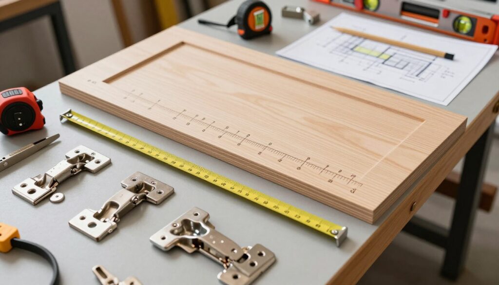 A well-organized workspace showcasing a professional carpenter's setup for selecting hinges based on height and weight of cabinet doors. In the foreground, display a variety of door hinges of different sizes and materials, including heavy-duty options and standard hinges. The middle layer shows a detailed measuring scale and a large wooden cabinet door, prominently placed with markings for height and weight specifications. In the background, include tools such as a tape measure, level, and a blueprint on a workbench. Soft, natural lighting illuminates the workspace, creating a focused and professional atmosphere. Capture the scene from a slightly elevated angle to emphasize the workspace arrangement and highlight the hinge selection process.