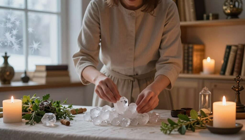 Close-up of a serene indoor space designed for a freezing ritual preparation. In the foreground, a table with chilled crystals, symbolizing ice and transformation, surrounded by fresh herbs and candles flickering softly. In the middle, a person dressed in modest, professional attire focuses on arranging ingredients with concentration and reverence, their hands gently placing items on the table. Delicate frost patterns appear faintly on the window behind, hinting at the cold outside. The background features soft-lit shelves lined with ancient books and mystical artifacts, creating an atmospheric, mystical ambiance. The scene is illuminated by warm, golden lighting, casting gentle shadows, evoking a sense of calm and reverence in the air.